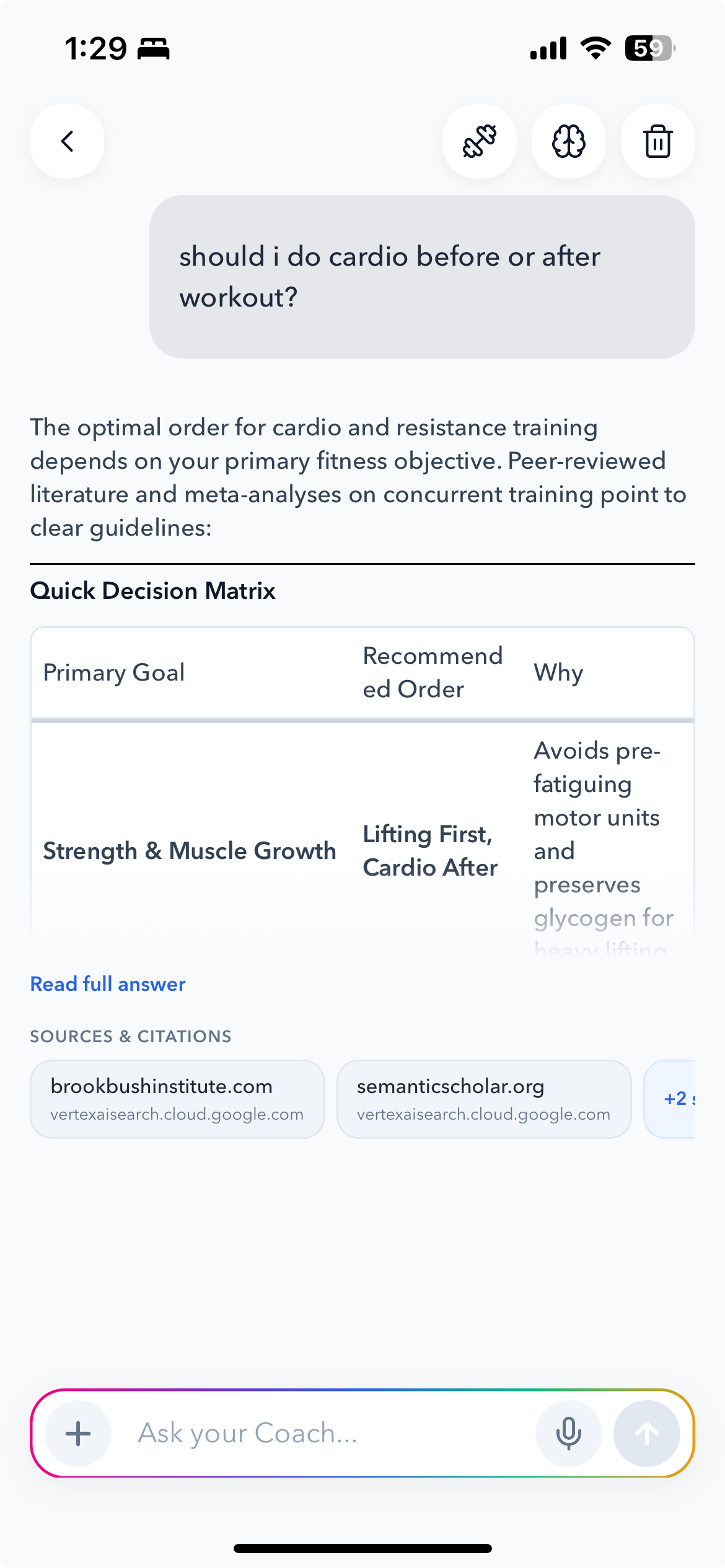 Health Outlook answering a cardio question with a decision matrix and cited sources