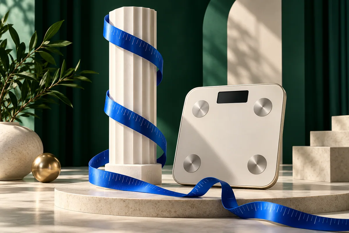 A blue measuring ribbon curves around a white geometric column beside a compact scale.