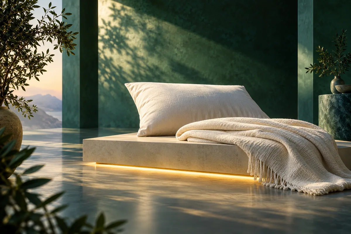 An ivory pillow and folded blanket sit above a subtle warm glowing line in a quiet green room.