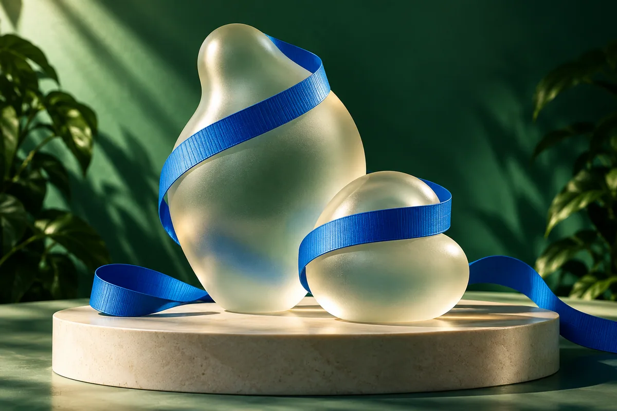 An electric-blue tape measure curls around softly lit frosted-glass forms.