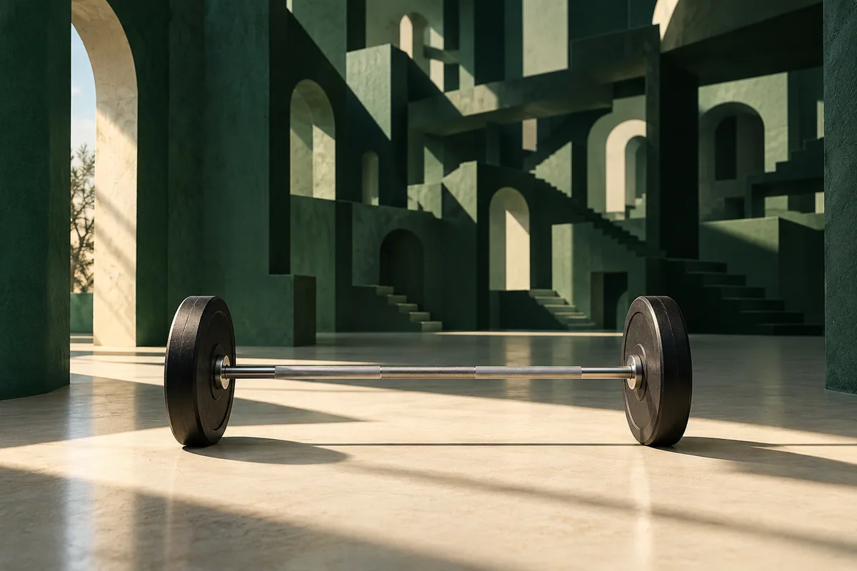A simple steel barbell sits before a complex maze-like architectural background.