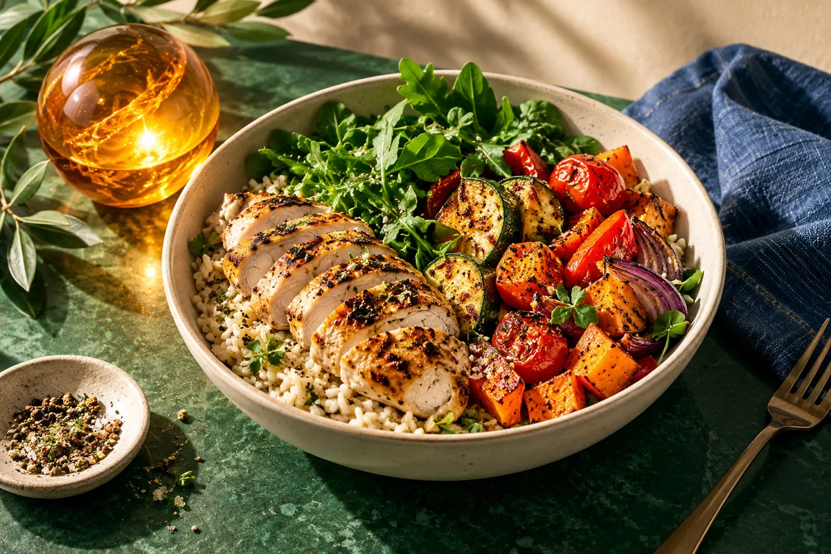 A colorful meal bowl sits beside a small sculptural amber light suggesting food energy.