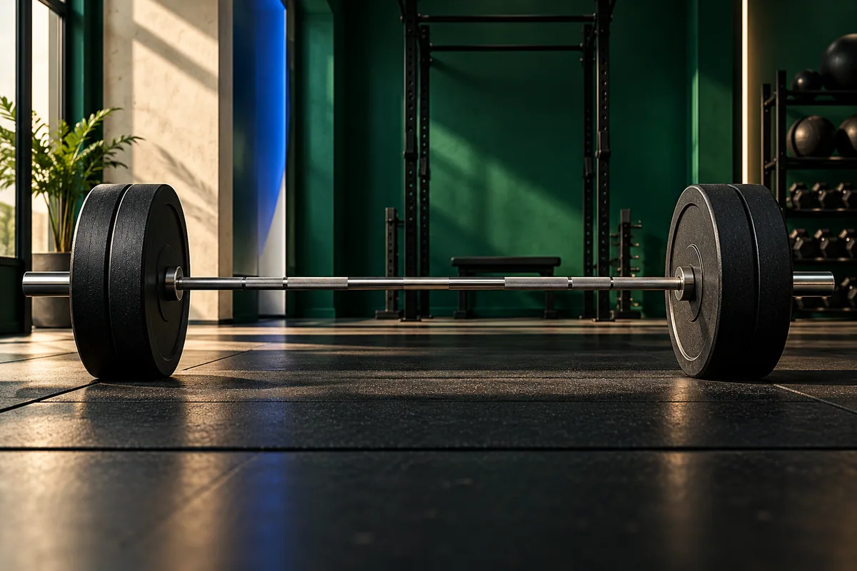 A symmetrically loaded barbell rests on a clean rubber platform in a green-lit gym.
