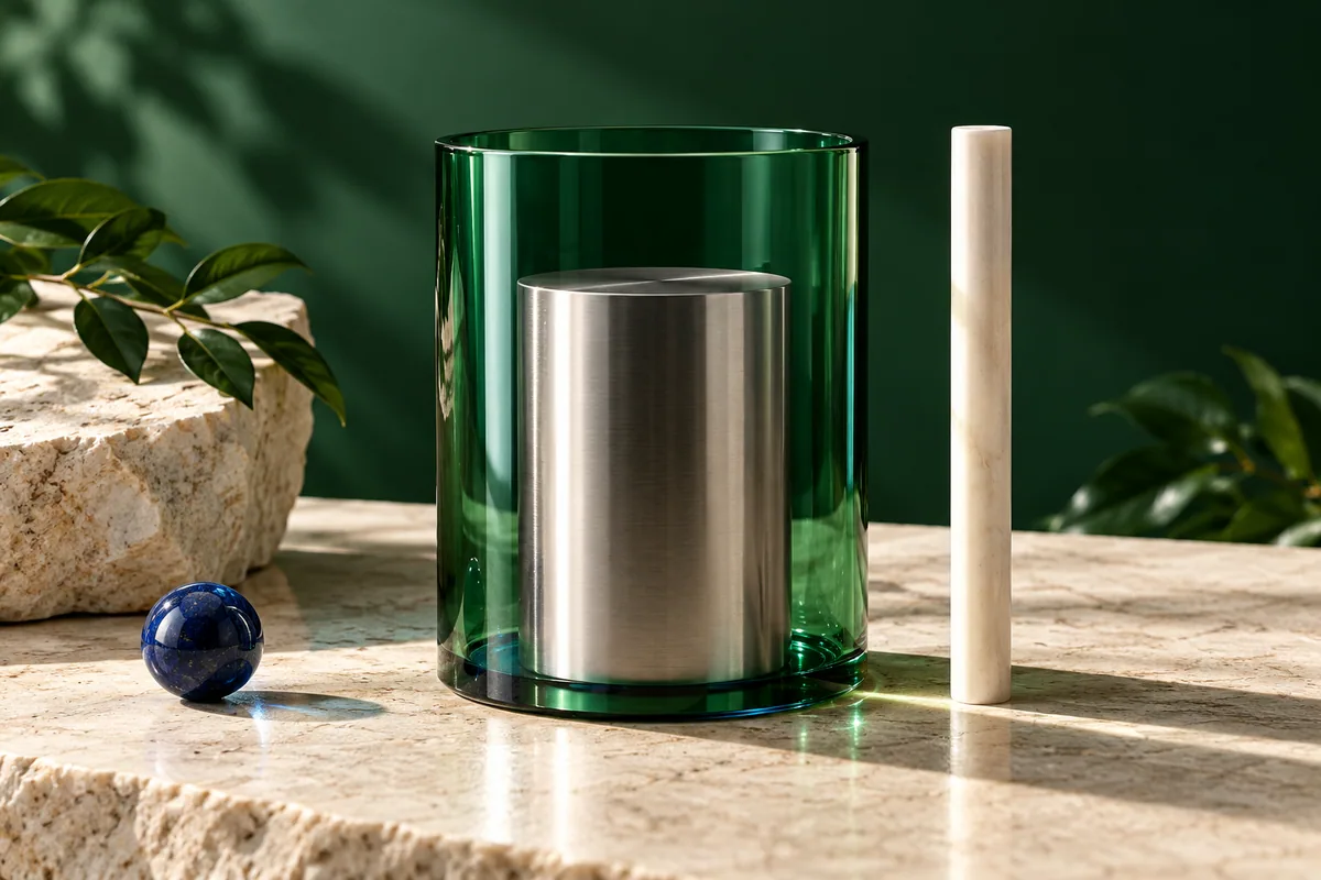 A solid metal column sits inside a translucent green outer shell, suggesting composition.