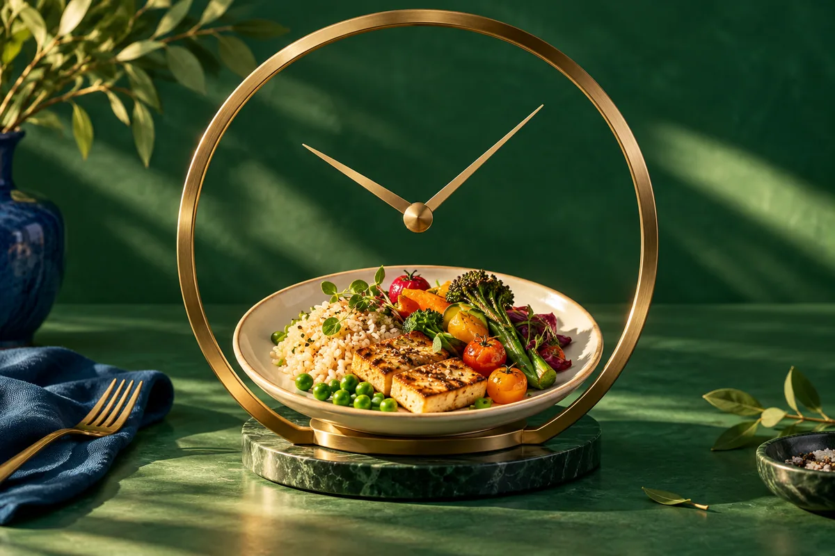 A ceramic meal plate sits inside an oversized unnumbered clock ring in a green studio.
