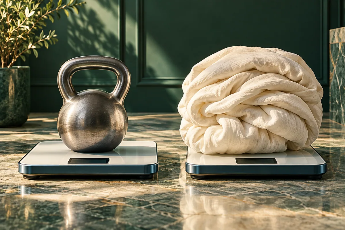 A steel kettlebell and a voluminous ivory fabric bundle rest on two blank-display scales.