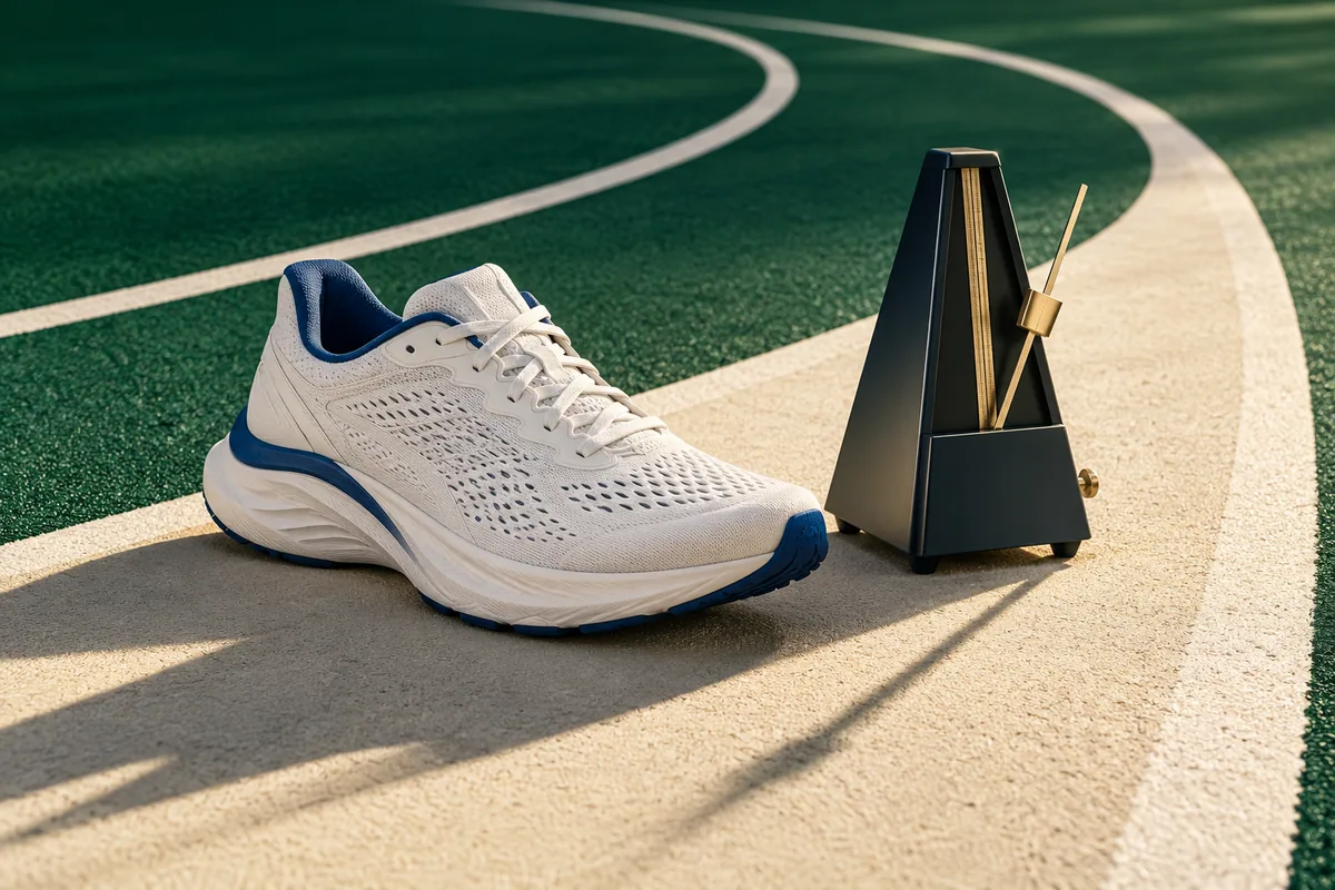 A cobalt-accent running shoe sits beside a sleek unmarked metronome.