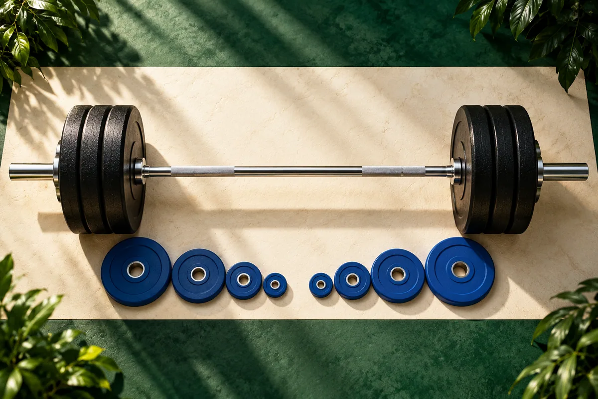 Matching barbell plates are arranged symmetrically on both sides of a chrome bar.