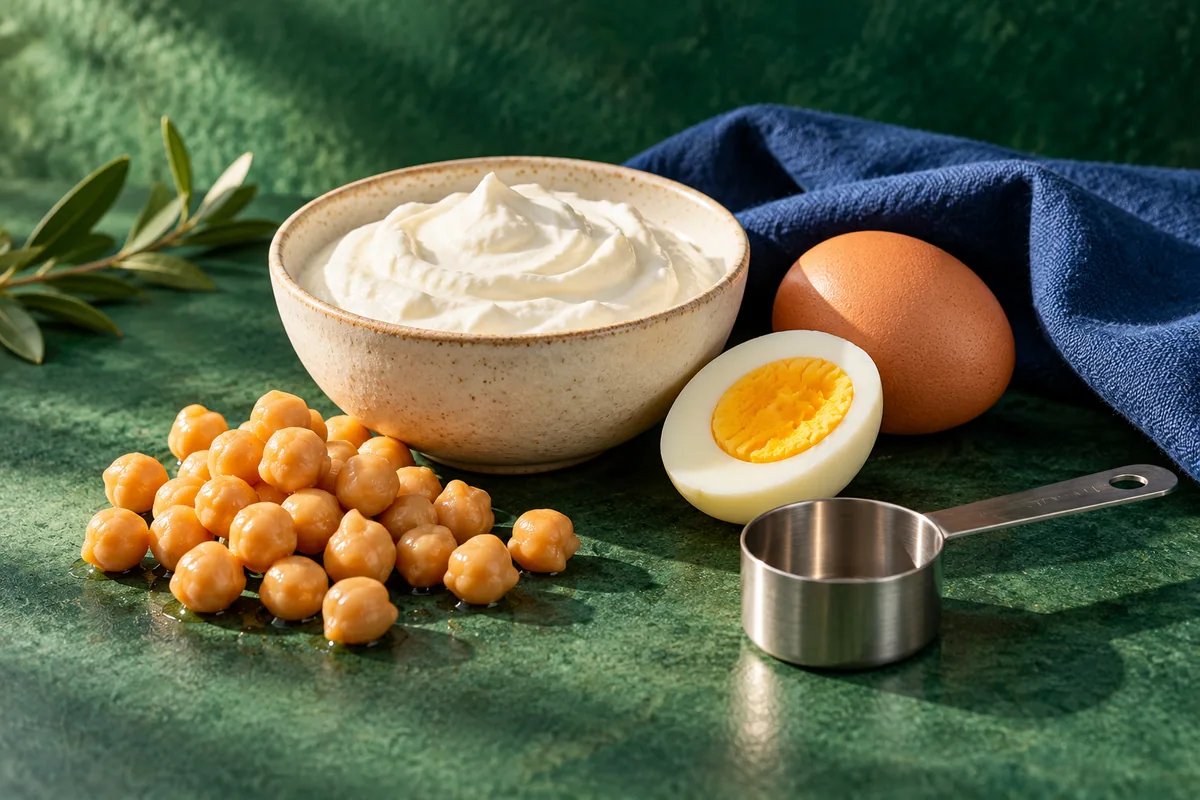 A yogurt bowl, eggs and legumes create a bright protein-food still life.