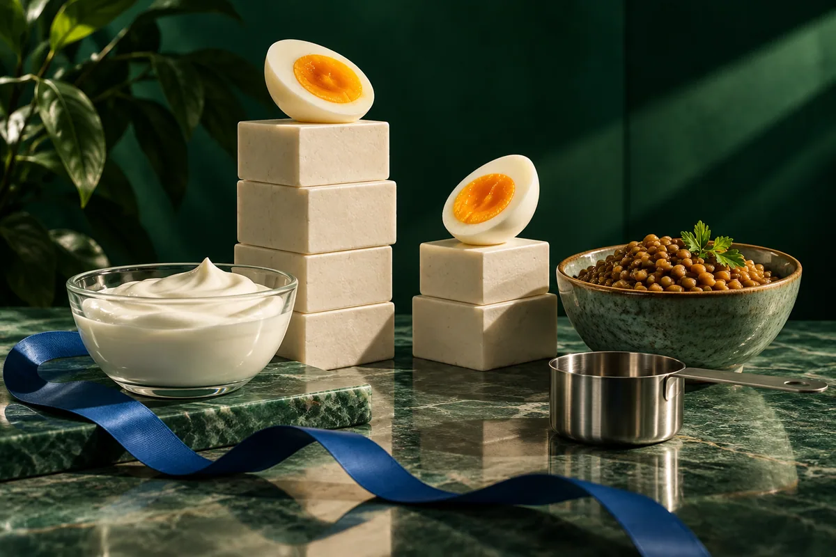 Protein-rich foods sit beside two different stacks of polished measuring blocks.
