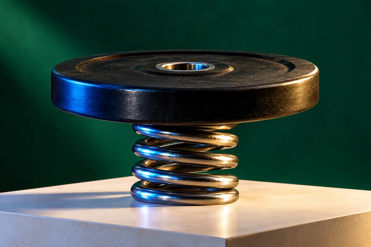 A steel spring compresses beneath a smooth weight plate, suggesting perceived effort.