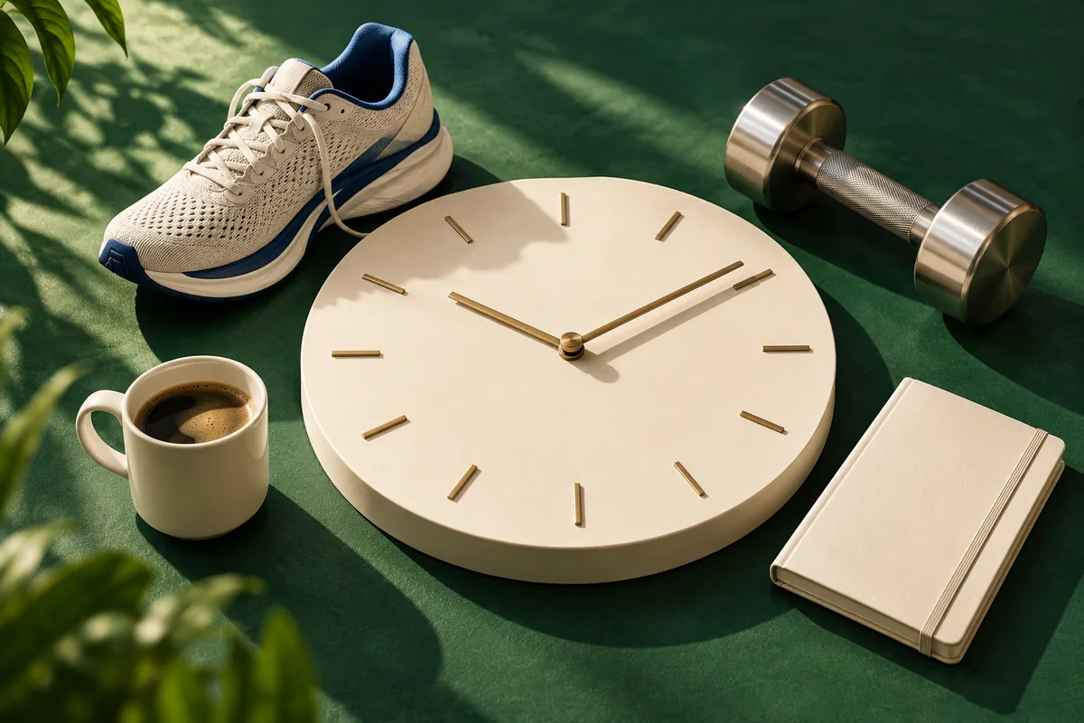 A running shoe, a small dumbbell and a coffee cup surround an unnumbered circular clock.