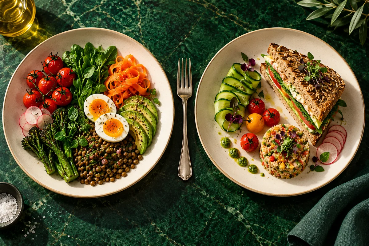 Two contrasting meals on matching ivory plates form an editorial comparison on a green table.