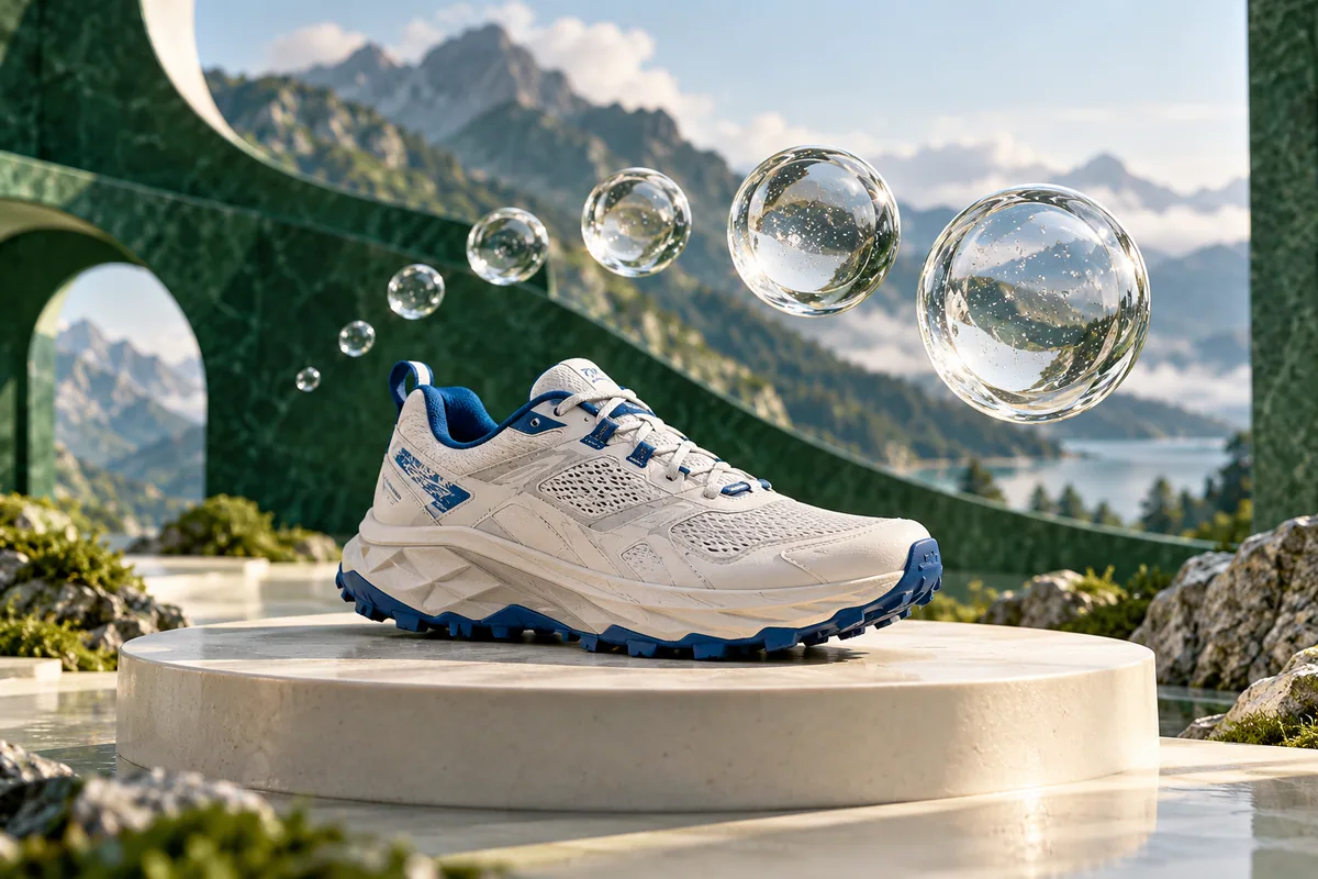 A running shoe and suspended clear glass spheres suggest breath and aerobic exercise.