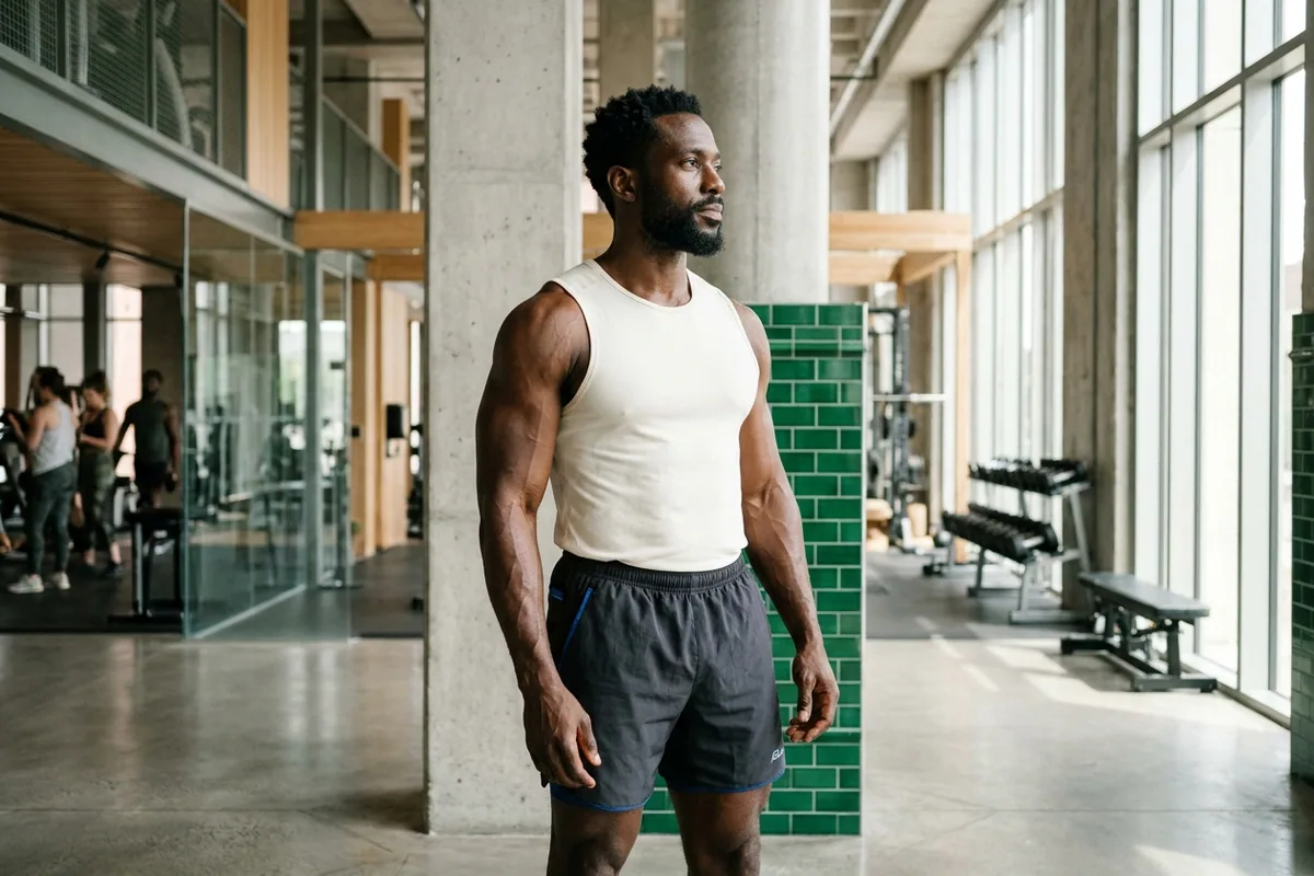 A naturally muscular athletic man stands with calm confidence in an architectural gym, showcasing balanced physical development.