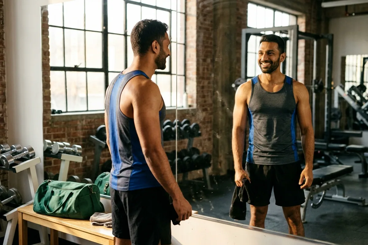 A lean, athletic South Asian man smiles confidently at his reflection in a sunlit gym mirror, celebrating visible muscle definition.