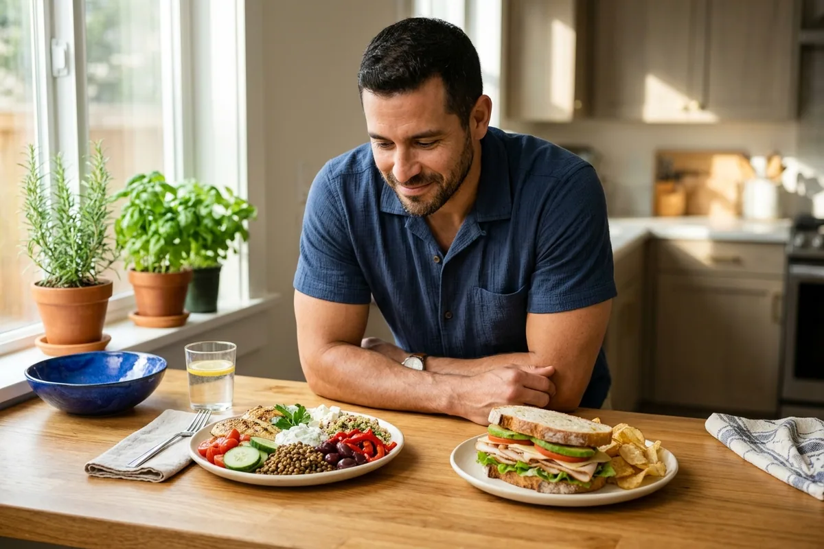 A relatable athletic man thoughtfully compares two appetizing lunch options on a bright kitchen counter with an engaged, curious expression.